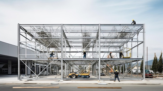 Constructeurs assemblant une charpente métallique pour un important développement commercial Généré par IA