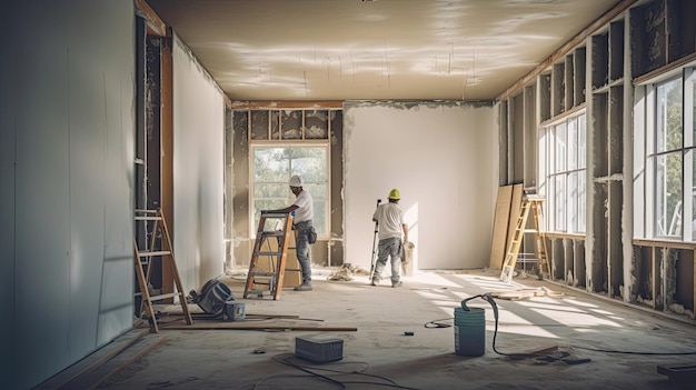 Les constructeurs installent méticuleusement les cloisons sèches et finissent habilement les murs intérieurs transformant un espace vide en un espace de vie poli et accueillant qui respire l'élégance moderne. Généré par l'IA