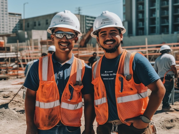 Constructeurs souriants dans des casques sur un chantier de construction