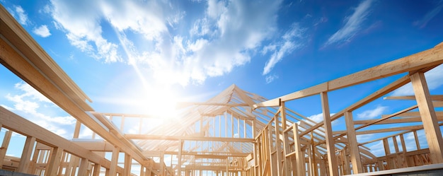 Construction d'un cadre de poutres en bois Début de la construction d'une nouvelle maison en bois