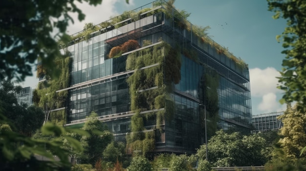 Construction écologique moderne avec de grandes fenêtres arbres verdure dans la métropole Al généré