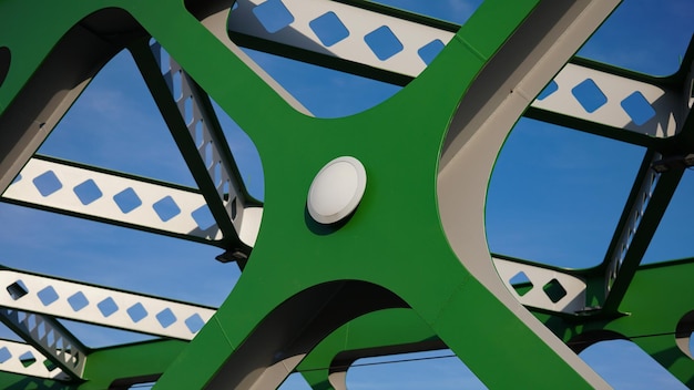 Construction métallique abstraite. Détails du pont vert métallique à Bratislava, Slovaquie. Bâtiment industriel.