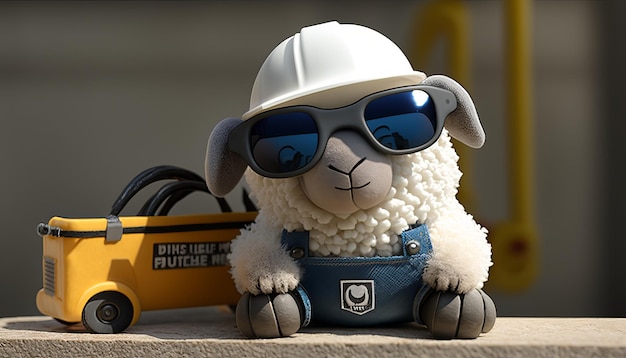 Construction mignonne d'ingénieur de mouton dans le halmet de construction