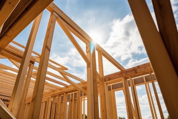 Photo construction d'une nouvelle maison ossature en bois avec poutres et poteaux en treillis ai générative