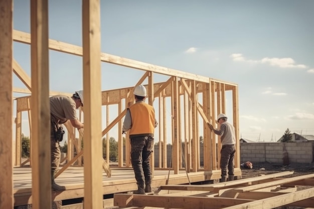 Construction d'une nouvelle maison Ossature en bois avec poutres et poteaux en treillis AI générative