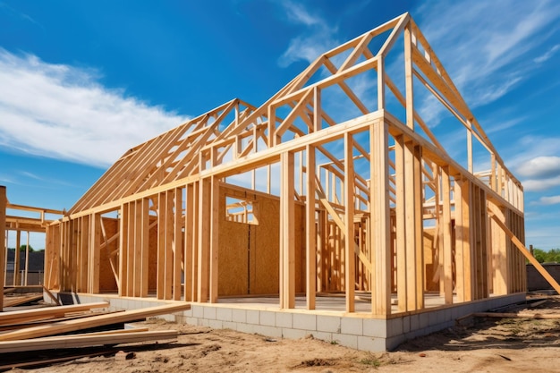 Construction d'une nouvelle maison Ossature en bois avec poutres et poteaux en treillis AI générative