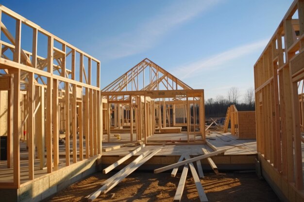 Construction d'une nouvelle maison Ossature en bois avec poutres et poteaux en treillis AI générative