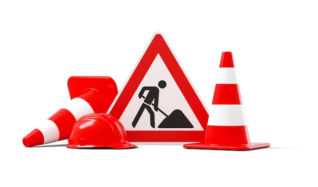 En construction, panneau de signalisation, cônes de signalisation et casque de sécurité rouge, isolés sur fond blanc. Rendu 3D