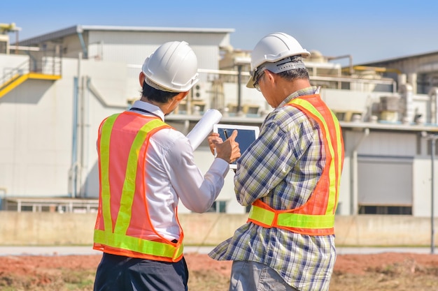 Construction de travail d'équipe d'ingénieurs asiatiques sur site en plein air