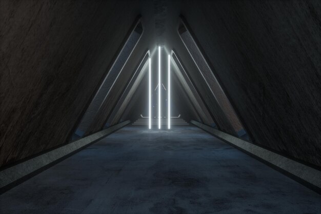 Construction de tunnel en béton fantastique avec rendu 3d lumineux au néon