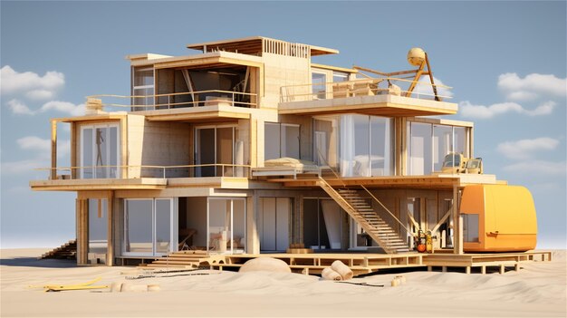 Photo construire la maison sur le sable rendu 3d chantier de construction