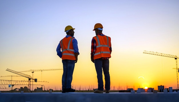 Construire des rêves Photo gratuite de travailleurs de la construction au coucher du soleil Témoin de l'art du progrès