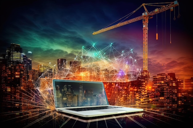 Construire le succès Un ordinateur portable au milieu d'un chantier animé symbolise les fondations du progrès et de l'innovation à l'ère numérique
