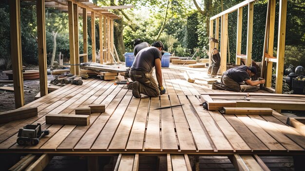 Construire une terrasse en bois pour une propriété résidentielle en équilibrant l'intégrité structurelle et l'attrait visuel pour créer une extension fonctionnelle Généré par l'IA