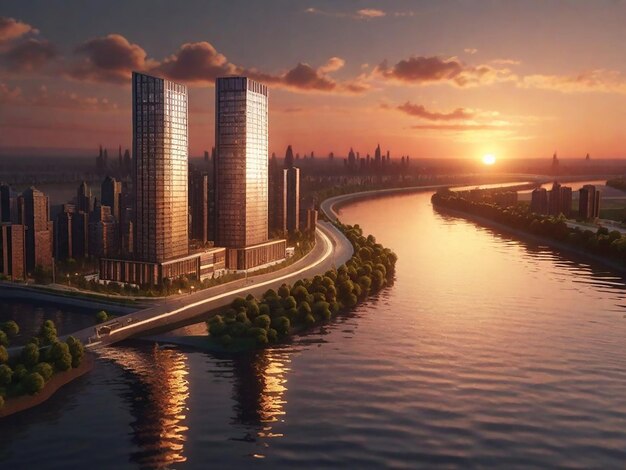 Construire la ville et le coucher du soleil avec la rivière