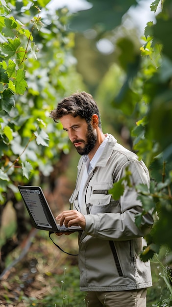 Photo consultant écologiste utilisant une technologie de pointe pour analyser la durabilité dans les environnements viticoles