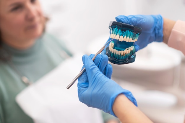 Consultation dentaire avec modèle de mâchoire de dents dans une macro de main de dentiste parlant à une patiente