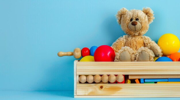 Container contenant des ours en peluche et des jouets en bois
