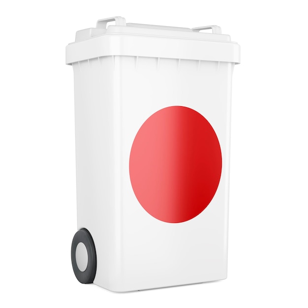 Container de déchets avec un rendu 3D du drapeau japonais isolé sur fond blanc