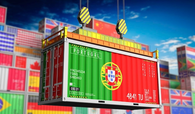 Container de fret avec drapeau national du Portugal illustration 3D