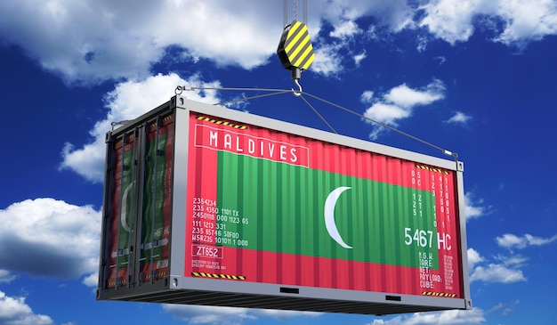 Container de fret avec le drapeau national des Maldives suspendu à un crochet de grue illustration 3D