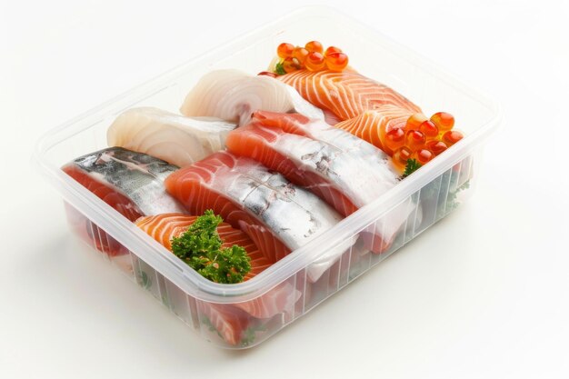 Container de nourriture pour poissons sur fond blanc