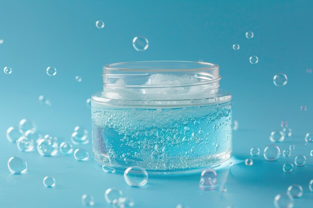 Container en plastique transparent avec un gel facial et des bulles d'air placées sur un fond bleu