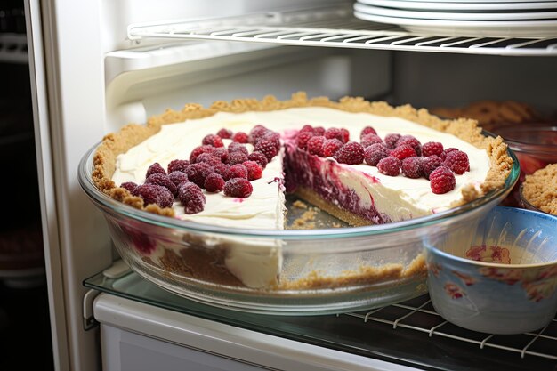 Container avec tarte aux baies dans le réfrigérateur Produits de boulangerie semi-finis congelés avec des baies juteuses et de la crème pour un stockage à long terme