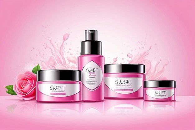 Photo containers de cosmétiques avec fond publicitaire prêts à l'utilisation annonce de soins de la peau rose sucré vecteur d'illustration