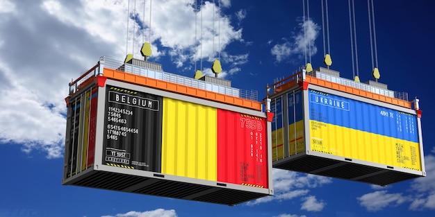 Containers d'expédition avec drapeaux de Belgique et d'Ukraine illustration 3D