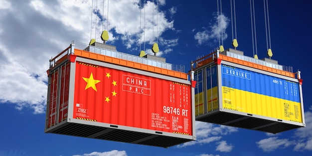 Containers d'expédition avec des drapeaux de la Chine et de l'Ukraine illustration 3D