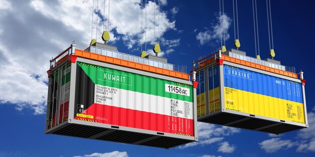 Containers d'expédition avec des drapeaux du Koweït et de l'Ukraine illustration 3D