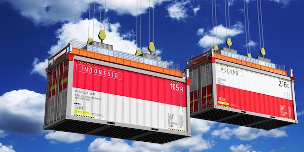 Containers d'expédition avec des drapeaux de l'Indonésie et de la Pologne illustration 3D