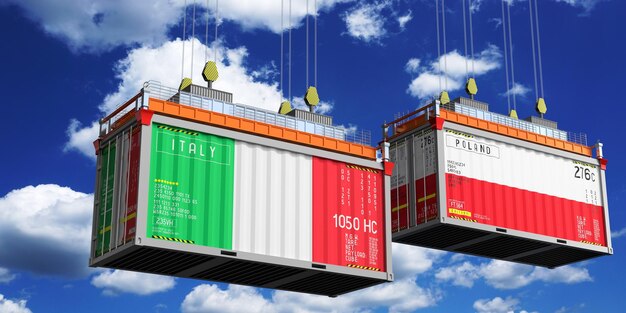 Containers d'expédition avec des drapeaux de l'Italie et de la Pologne illustration 3D