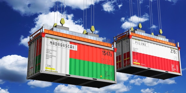 Containers d'expédition avec des drapeaux de Madagascar et de Pologne illustration 3D