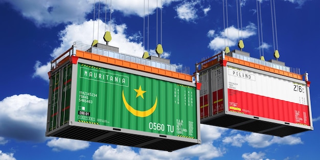 Containers d'expédition avec drapeaux de Mauritanie et de Pologne illustration 3D