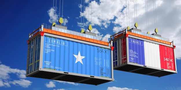 Containers d'expédition avec des drapeaux de Somalie et de France illustration 3D