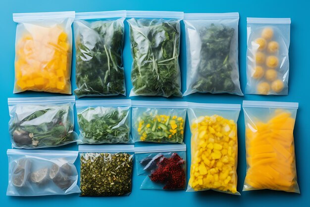 Containers et sacs en plastique contenant différents légumes congelés