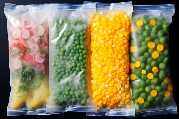 Containers et sacs en plastique avec différents légumes congelés dans le réfrigérateur