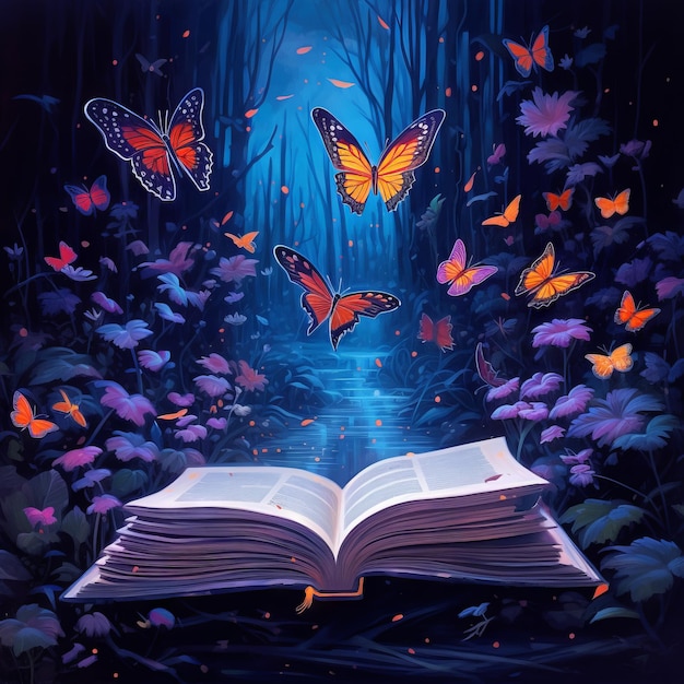 Conte fantaisiste d'un livre ouvert avec des papillons flottant AI générative