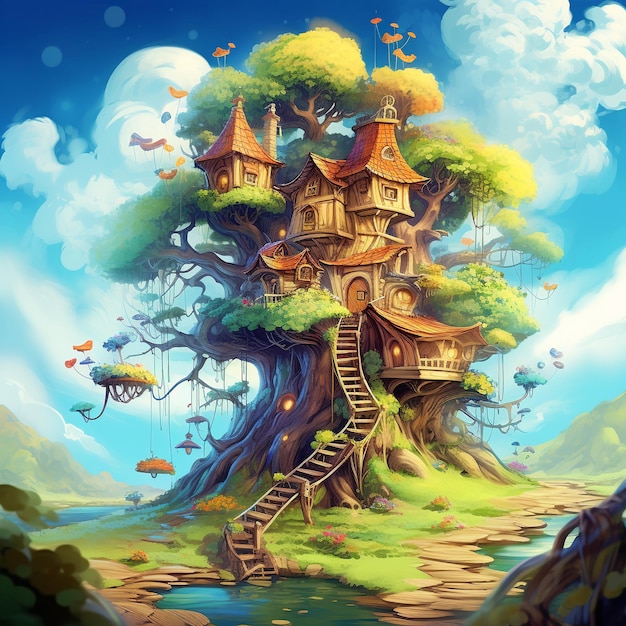un conte fantastique pour enfants avec une maison dans l'arbre