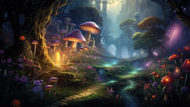un conte de fées de champignons dans une forêt