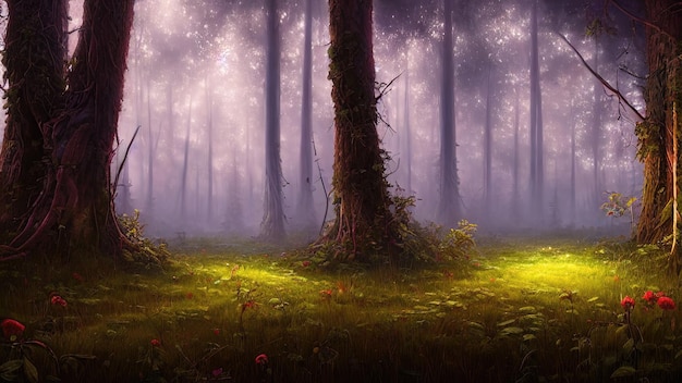 Conte de fées fantastique forêt magique lumière du soir ensoleillée à travers les branches des arbres Arbres magiques dans une zone boisée Brume au coucher du soleil plantes mousse et herbe dans la forêt illustration 3d