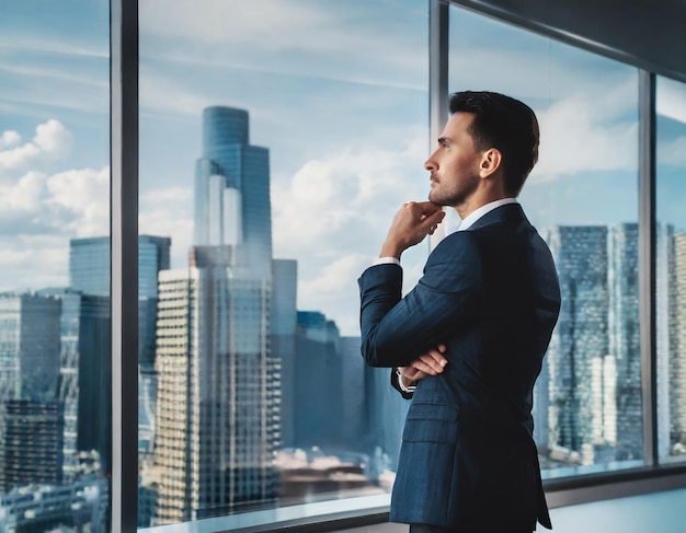 Photo contemplation exécutive homme d'affaires regardant l'horizon urbain depuis son bureau insights d'affaires modernes pon