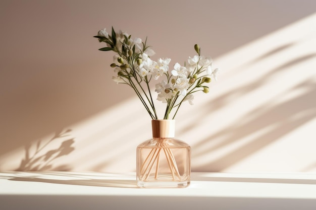 Un contenant transparent de diffuseur de parfum placé sur un fond gris pâle Un produit parfumé pour la maison ...