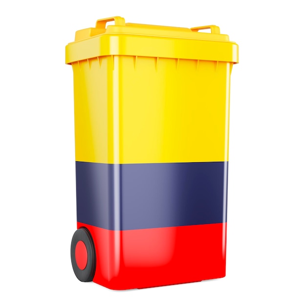 Conteneur à déchets avec drapeau colombien rendu 3D isolé sur fond blanc