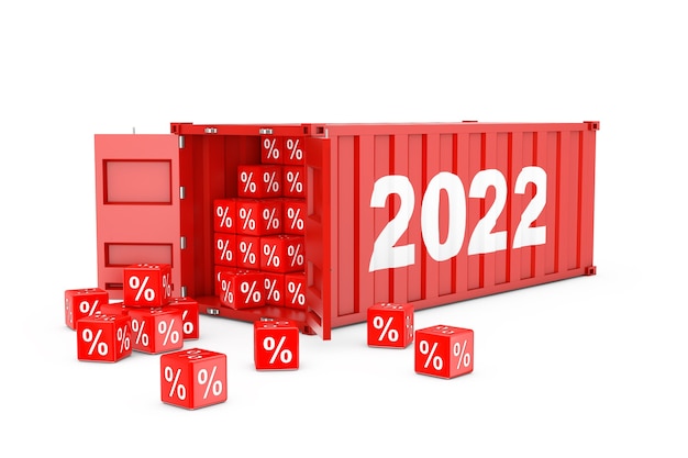 Conteneur d'expédition de fret rouge du nouvel an 2022 avec des cubes de pourcentage de remise sur fond blanc. Rendu 3D