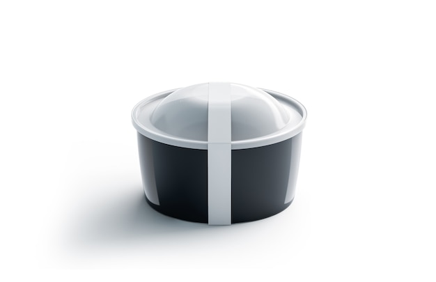 Conteneur jetable rond noir blanc avec étiquette blanche, isolé