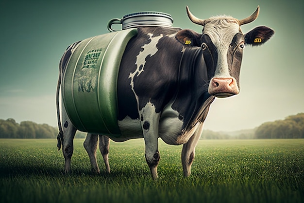 Conteneur de réservoir pour le lait avec une vache laitière dans le champ d'herbe humour Generative AI