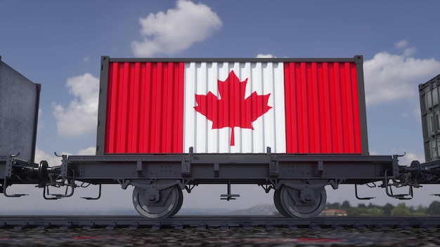 Conteneurs avec le drapeau du Canada Transport ferroviaire rendu 3d